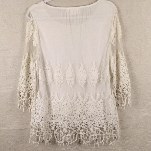 Chico's Cream Crochet Knit Tulle Overlay Round Neckline 3/4 Sleeve Pullover Top - Picture 8 of 12